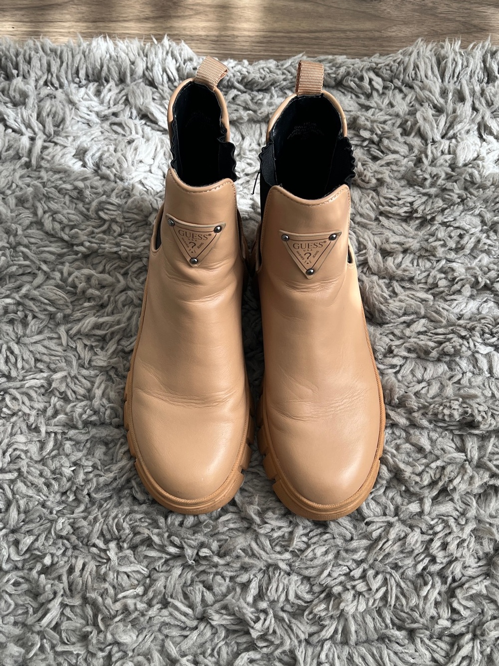GUESS Tan Leather Chelsea Booties with Logo Plaque